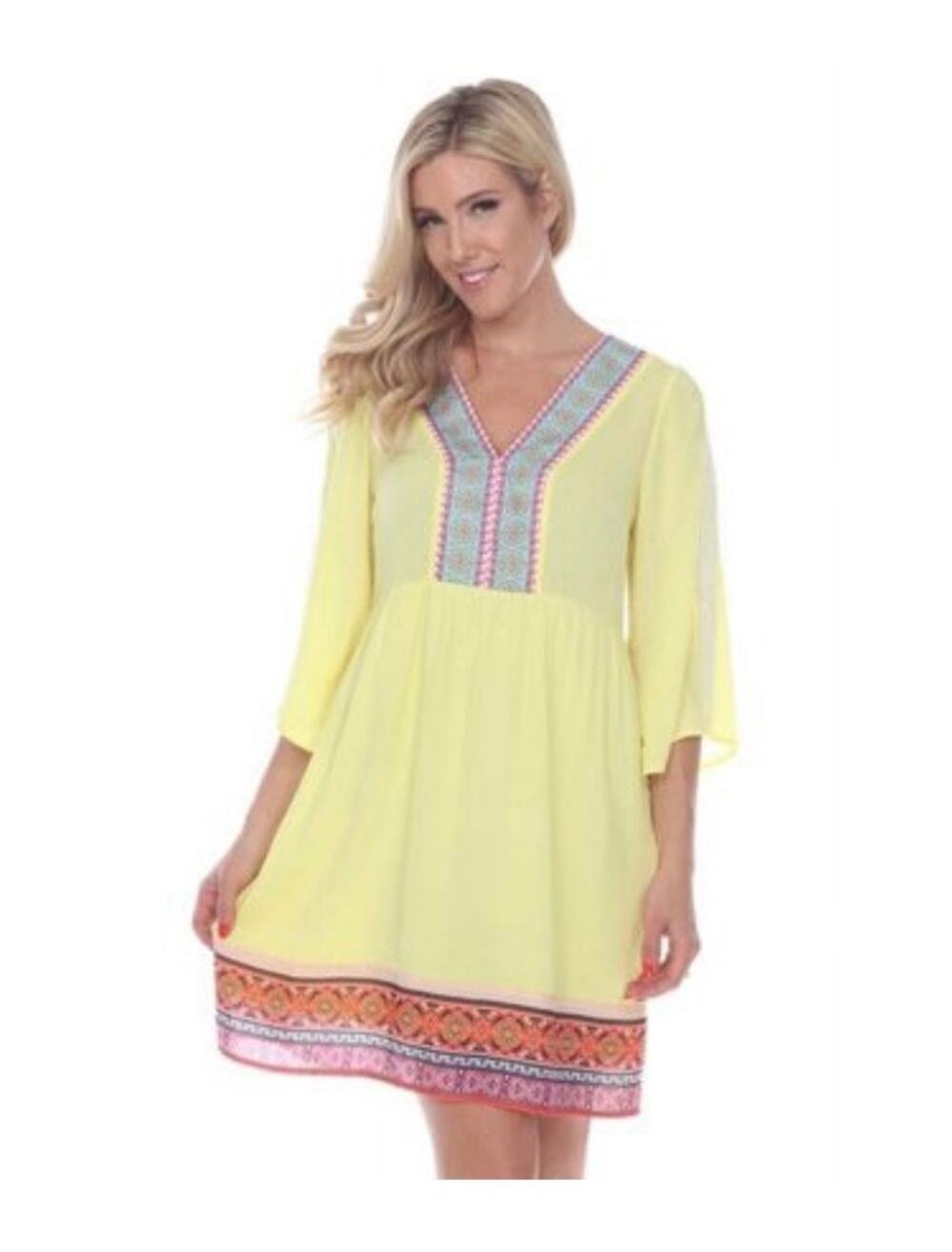 White Mark Yellow Embroidered Tunic Dress L Boho Kimono Sleeve Beach Coverup